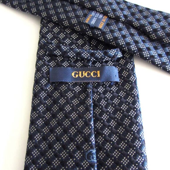 GUCCI navy GG Guccissima grid/dots print jacquard tie 100% silk - Picture 6 of 7